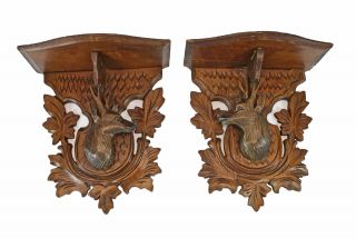 Pair Antique Black Forest Wall Consoles Or Bracket Shelves / Chamois / Antelope. photo