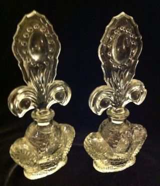 2 Vintage Art Deco Style Vanity Perfume Bottles Fan Shaped Stopper Clear Glass photo
