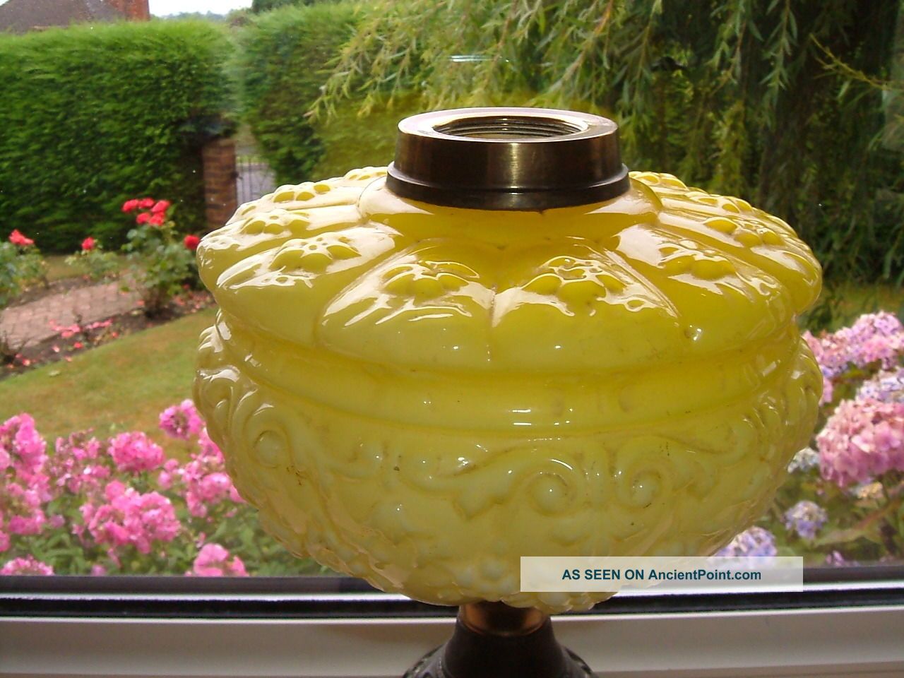 Large Embossed Milk Glass Oil Lamp Font.  Believed Edwardian. Lamps photo