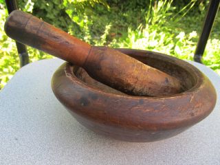 Antique Primitive Old Wooden Mortar And Pestle For Spices photo