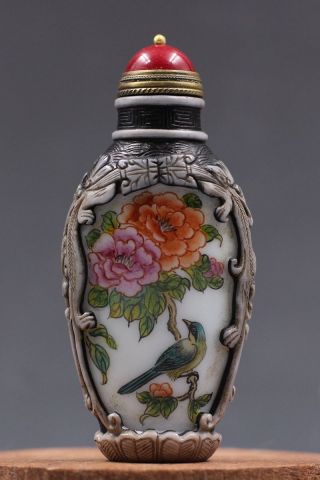 Exquisite Old Beijing Glazed Hand - Painting Carved Snuff Bottle photo