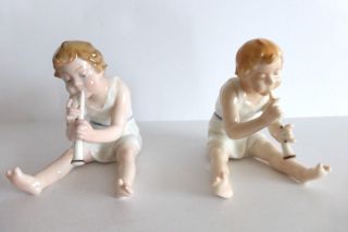 German Art Noveau Porcelain Figurines Boys Playing Flute By Karl Ens Dresden photo