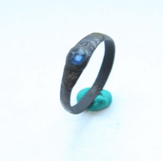 Old Antique Medieval Bronze Finger Ring With Colored Blue Glass Inlay (avg06) photo