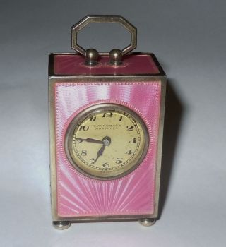 Sub - Miniature Antique Pink Guilloche Enamel Sterling Silver Clock photo