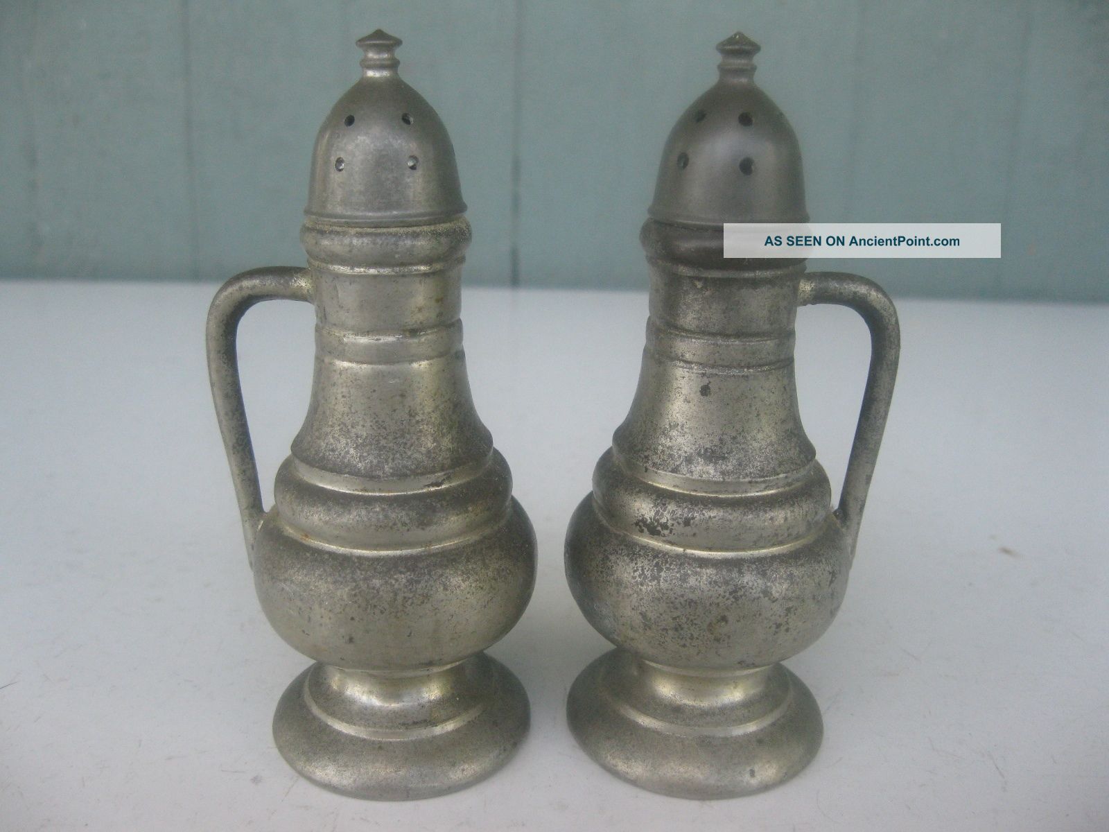 Antique Pewter Salt & Pepper Shakers With Handles Metalware photo
