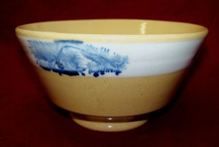 Old Antique Pottery Pearlware Glaze Mocha Blue Seaweed Decorated Yelloware Bowl photo
