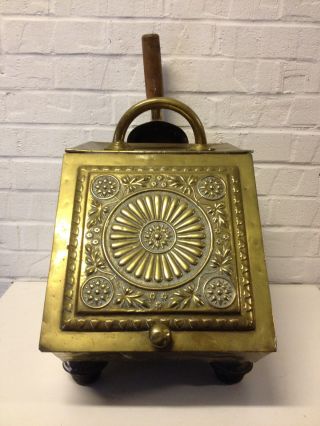 Antique Late 19th Early 20th Century Brass Or Metal Coal Scuttle W/ Floral Dec. photo