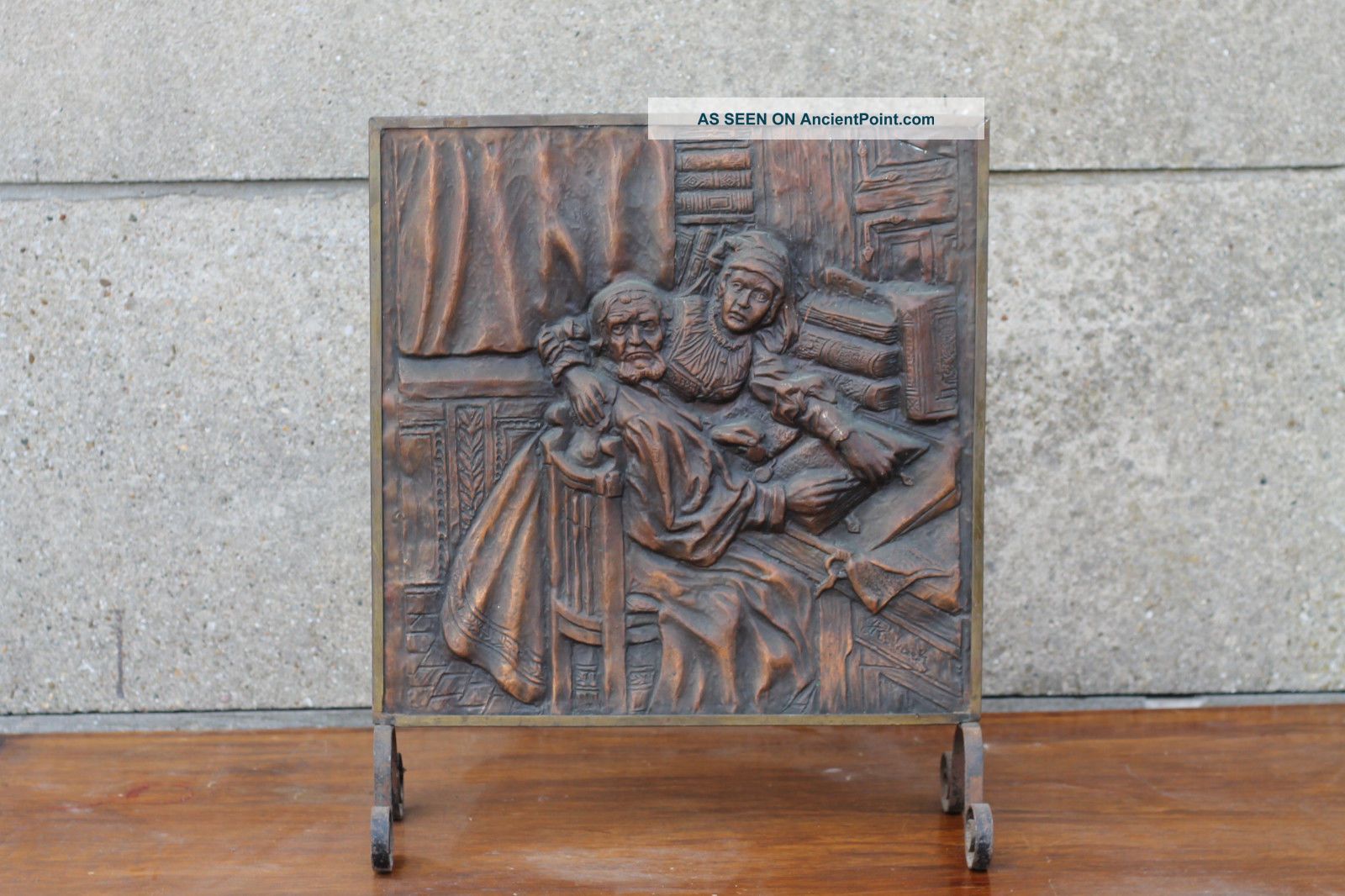 Antique Vintage Victorian Embossed Fire Screen Fireplace Medieval Scene Hearth Ware photo