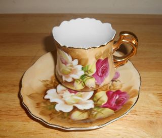 Vintage Lefton China Teacup Heritage Pink Roses Gold Tea Cup& Saucer 1883 Vguc photo