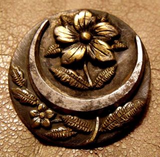 Large Victorian Repousse Floral Cloak Button Crescent Moon Brass Steel One&1/2 