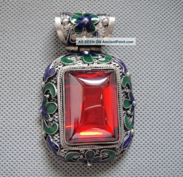 Antique Chinese Silver & Enamel Carved Flowers Mosaic Red Zircon Pendant 54g Necklaces & Pendants photo