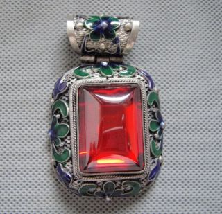 Antique Chinese Silver & Enamel Carved Flowers Mosaic Red Zircon Pendant 54g photo