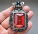 Antique Chinese Silver & Enamel Carved Flowers Mosaic Red Zircon Pendant 54g Necklaces & Pendants photo 1