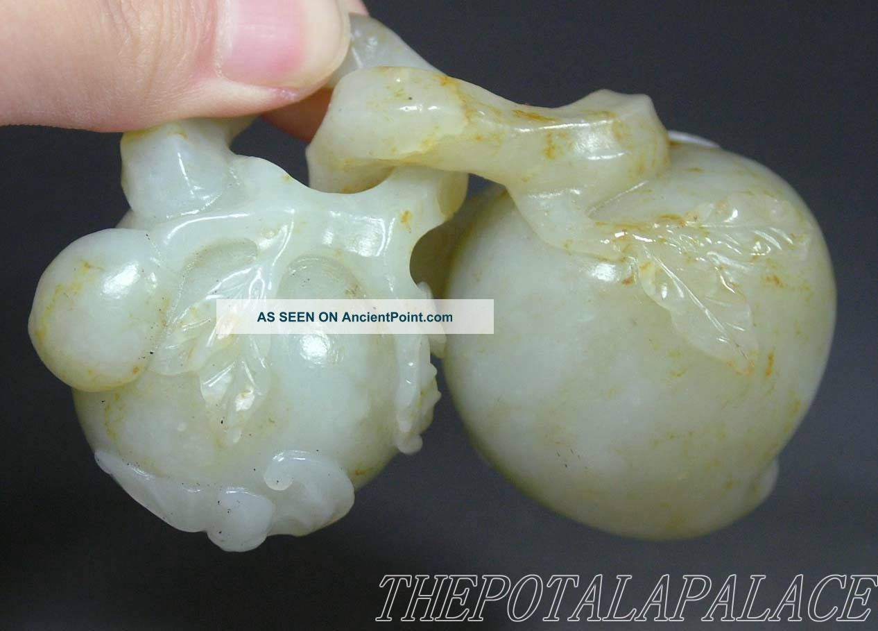 Old Chinese Celadon Nephrite Jade Statue/netsuke/pendant Double Peaches Connect Necklaces & Pendants photo