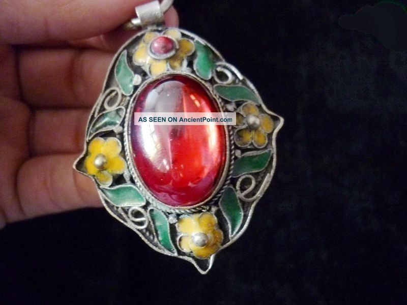 Ancient Chinese Cloisonne Pendants Red Beads Miao Silver Edge Necklaces & Pendants photo
