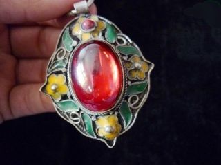 Ancient Chinese Cloisonne Pendants Red Beads Miao Silver Edge photo
