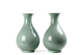 Pair Celadon Green Bladder Shaped Vases Tall 18.  5 