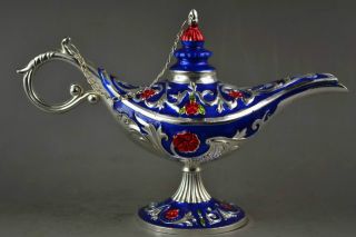 Handwork Miao Silver & Cloisonne Carving Flower Rare Noble Magical Aladdin Lamp photo