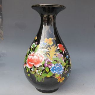 Black & Elegance Porcelain China Old Hand Painting Lotus Atmosphere Big Vase Nr photo