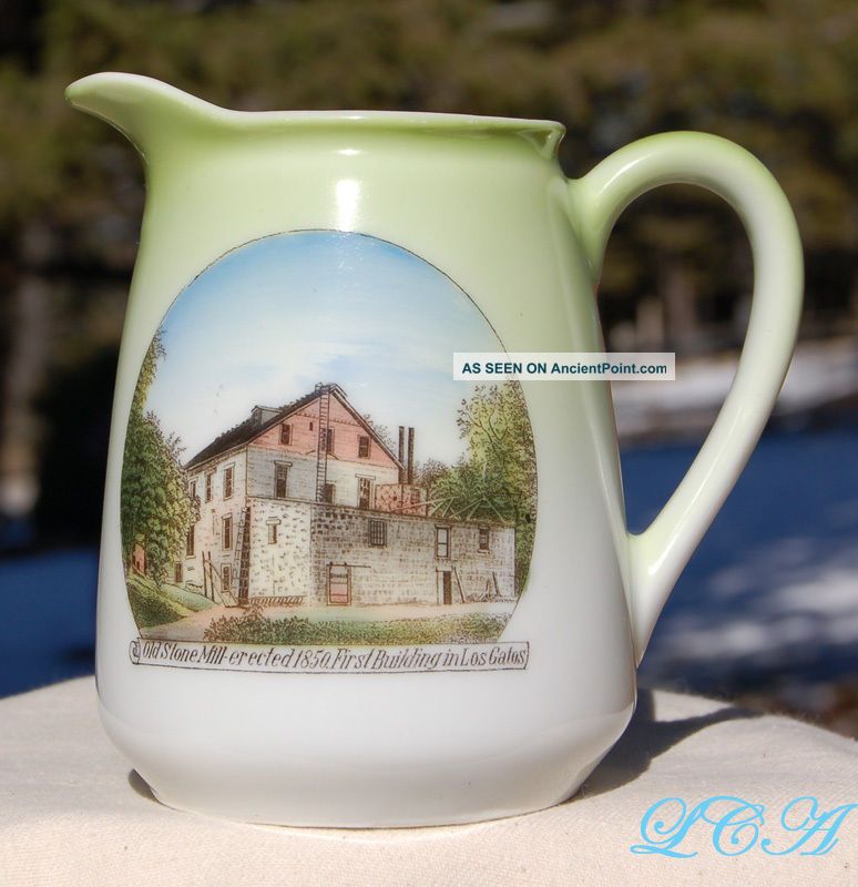 Antique Los Gatos California China Pitcher W/ 1850 Stone Mill 1st Bldg In Area Pitchers photo