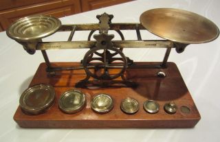 Antq 19c Brass Post Office Scales S.  Mordan & Co London,  6 Weights Mahogany Base photo