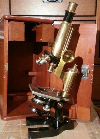 Brass Microscope Antique Objective Zeiss Lens Bausch & Lomb Ny Co W Case Box photo
