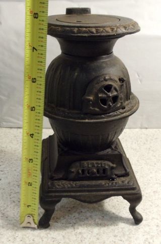 Vintage Miniature Blaze Cast Iron Pot Belly Stove 7 3/4 Inches Tall photo