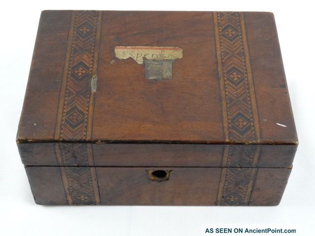 Antique English Marquetry Inlaid Tunbridge Ware Walnut & Satinwood Inlay Box Woodenware photo