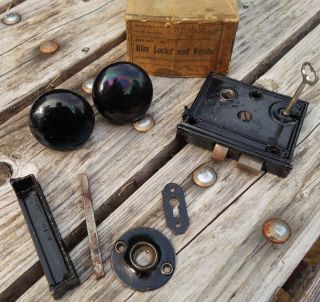Antique Rim Lock And Door Knobs Black With Key 1920s Vintage photo