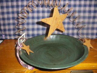 Country Green Metal Candle Or Bowl Filler Dish With Curly Wire & Rusty Stars 7 