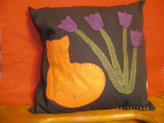 Country Black Pillow With Orange Cat And Purple Flowers With Stems Stitched 13 