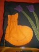 Country Black Pillow With Orange Cat And Purple Flowers With Stems Stitched 13 
