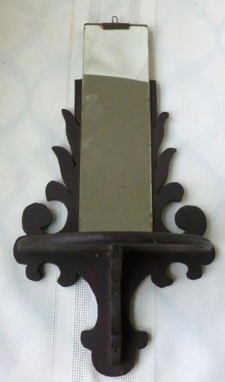 Antique Primitive Candle Shelf Wood Hand Cut Reflecting Mirror Small photo