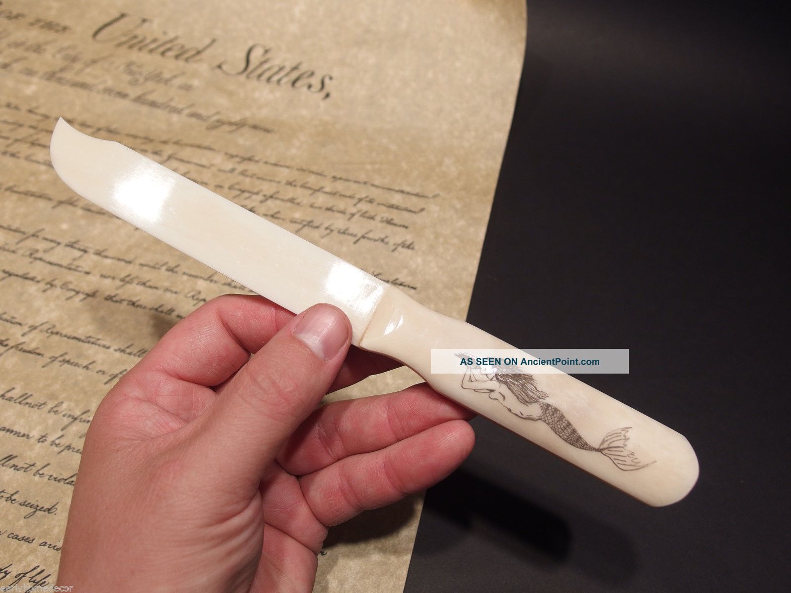 Vintage Antique Style Carved Bone Nautical Mermaid Letter Opener Desk Scrimshaws photo