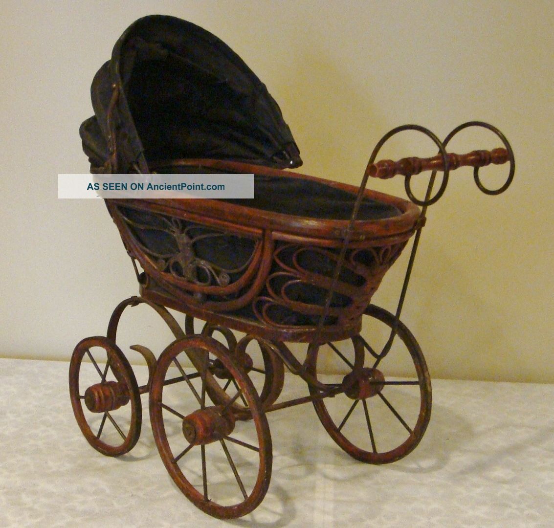Lovely German Doll Stroller Carriage Buggy Wicker - Iron - Hard Cloth Bonnet 30 ' S Baby Carriages & Buggies photo