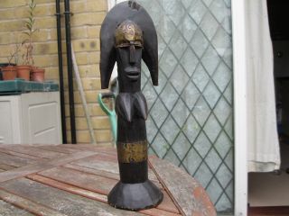 Double Female Figure (janus Faced) Dogon Wood Carving With Brass Appliqué photo