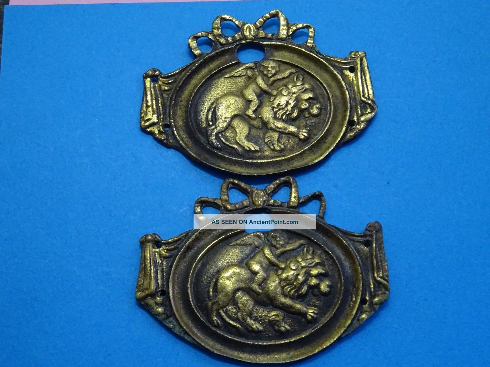 2 Antique Bronze Plaques // Lion With Cherub // Monastery 1800 France Metalware photo