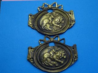 2 Antique Bronze Plaques // Lion With Cherub // Monastery 1800 France photo