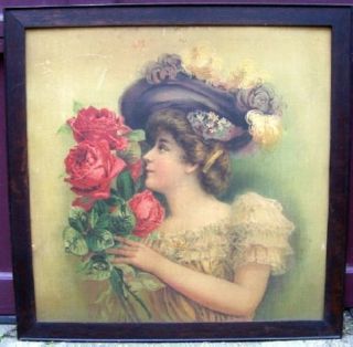 Large Victorian Picture Of Lady With Hat & Roses From Late 1800 ' S. photo
