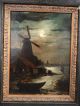 Antique Luminist Style Moonlight Seascape Old Windmill & Sailboats Oil Painting Other Maritime Antiques photo 1
