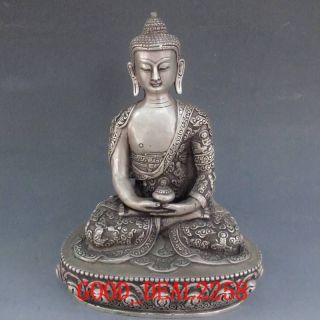 Tibet Silver Bronze Tibetan Buddhism Statue - Sakyamuni Buddha W Carved Dragon photo