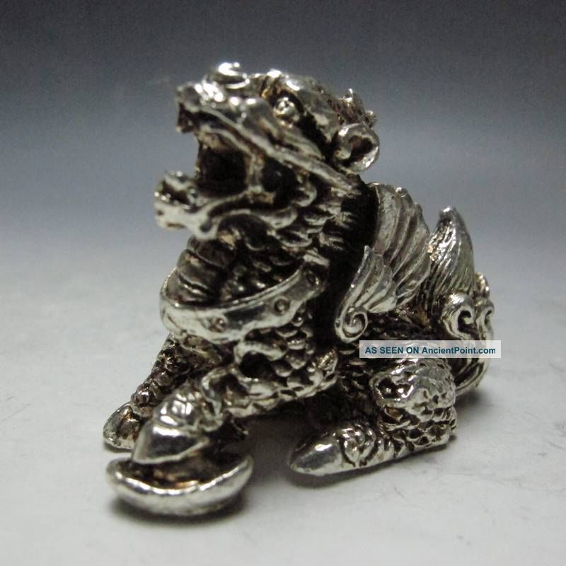 Chinese Feng Shui White Copper Kirin Foo Dog Lion Beast Other Antique Chinese Statues photo