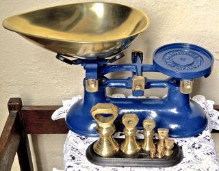 Vintage Fred Hiill Indigo Blue Balance Kitchen Scales 7 Brass Bell Weights Stand photo