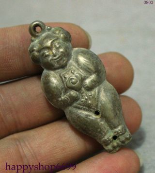 Tibet Miao Silver Bless 2 Face Girl Kid Ruyi Belle Lucky Statue Amulet Pendant photo