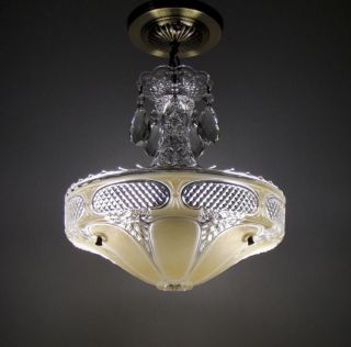 Vintage Art Deco Beige Floral Glass Shade Ceiling Lamp Light Fixture Chandelier photo