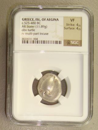 525 - 480 Bc Aegina Sea Turtle / Incuse Square Ancient Greek Silver Stater Ngc Vf photo