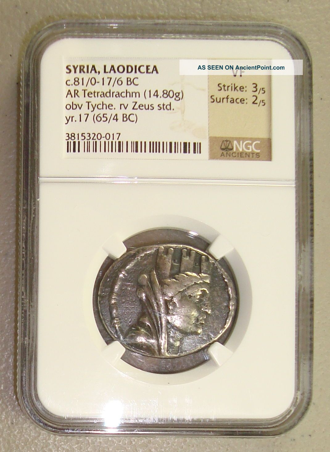 81 - 16 Bc Syria,  Laodicea Tyche / Zeus Ancient Greek Silver Tetradrachm Ngc Vf Greek photo