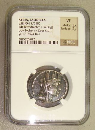 81 - 16 Bc Syria,  Laodicea Tyche / Zeus Ancient Greek Silver Tetradrachm Ngc Vf photo