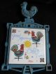 Two 2 Vintage Japan Painted Cast Iron Rooster Chicken Ceramic Tile Trivets Trivets photo 4