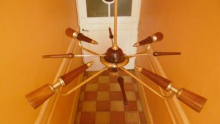 Mid Century Brass And Wood Sputnik Chandelier Ceiling Light Atomic Starburst photo